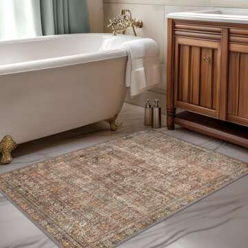 Bavni Area Rug 2x3 Machine Washable Boho Vintage Distressed Print Thin Chenille Small Ultra-Thin Entryway Bathroom Door Accent Rug, Low Pile Lightweight Non Slip