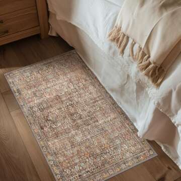 Bavni Area Rug 2x3 Machine Washable Boho Vintage Distressed Print Thin Chenille Small Ultra-Thin Entryway Bathroom Door Accent Rug, Low Pile Lightweight Non Slip