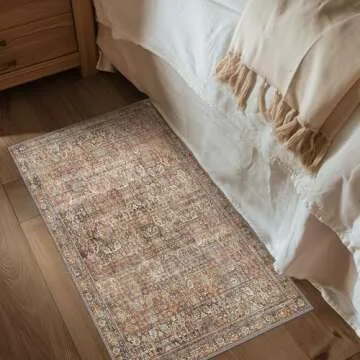 Bavni Area Rug 2x3 Machine Washable Boho Vintage Distressed Print Thin Chenille Small Ultra-Thin Entryway Bathroom Door Accent Rug, Low Pile Lightweight Non Slip