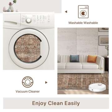 Bavni Area Rug 2x3 Machine Washable Boho Vintage Distressed Print Thin Chenille Small Ultra-Thin Entryway Bathroom Door Accent Rug, Low Pile Lightweight Non Slip