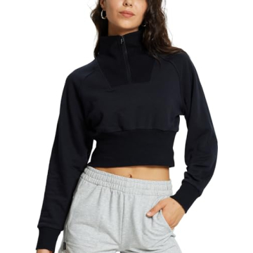 BALEAF Women's Cozy Cropped Half Zip Sweatshirt - Ribbed Corset Hems