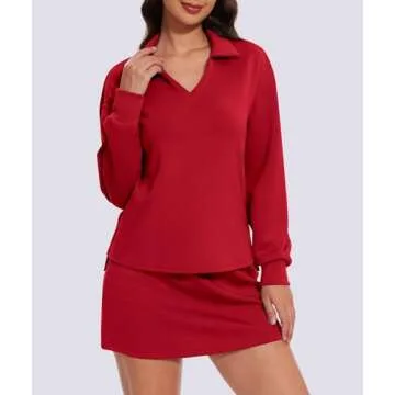 Casly Lamiit 2 Piece Skirt Set for Women Tennis Lounge Sets Workout Skort Outfits Long Sleeve Pullover Tops Tracksuit Golf Matching Suits Red M