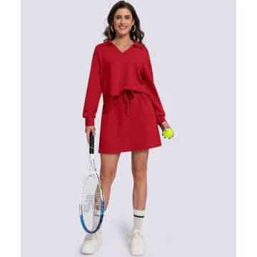 Casly Lamiit 2 Piece Skirt Set for Women Tennis Lounge Sets Workout Skort Outfits Long Sleeve Pullover Tops Tracksuit Golf Matching Suits Red M