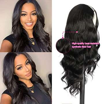 KRSI V Part Wig Body Wave Glueless Wig Clip in Extensions Thin Part Wig Long Wavy Black Half Wig for Black Women, Hair No Leave Out V Part Wigs Beginner Friendly No Sew in Synthetic Wigs(24 inch)