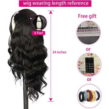 KRSI V Part Wig Body Wave Glueless Wig Clip in Extensions Thin Part Wig Long Wavy Black Half Wig for Black Women, Hair No Leave Out V Part Wigs Beginner Friendly No Sew in Synthetic Wigs(24 inch)