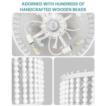 Frstem 20" Boho Wood Beaded Fandelier, 6-Speed Flush Mount Caged Ceiling Fan with Light & Remote Control, Rustic Chandelier Fan Bladeless/Quiet Motor/Low Profile, for Bedroom Living Room, White
