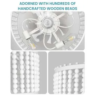 Frstem 20" Boho Wood Beaded Fandelier, 6-Speed Flush Mount Caged Ceiling Fan with Light & Remote Control, Rustic Chandelier Fan Bladeless/Quiet Motor/Low Profile, for Bedroom Living Room, White