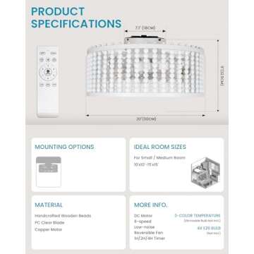 Frstem 20" Boho Wood Beaded Fandelier, 6-Speed Flush Mount Caged Ceiling Fan with Light & Remote Control, Rustic Chandelier Fan Bladeless/Quiet Motor/Low Profile, for Bedroom Living Room, White