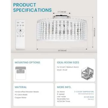 Frstem 20" Boho Wood Beaded Fandelier, 6-Speed Flush Mount Caged Ceiling Fan with Light & Remote Control, Rustic Chandelier Fan Bladeless/Quiet Motor/Low Profile, for Bedroom Living Room, White