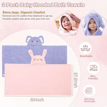 FOINEMYED 2 Pack Toddler Towels with Hood Thick Toddler Towels 55" x 27.5" Baby Hooded Bath Towels S...