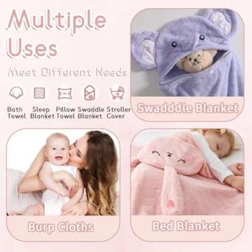 FOINEMYED 2 Pack Toddler Towels with Hood Thick Toddler Towels 55" x 27.5" Baby Hooded Bath Towels Set for Girl Boy Super Absorbent Toddler Hooded Towels Age 1-5, Elephant & Rabbit