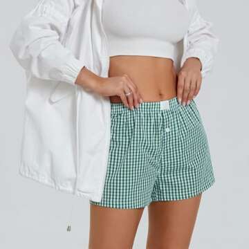 Yoawdats Women's Y2K Lounge Shorts Cute Soft Elastic Low Waist Plaid Print Button Front Pajama Bottoms Boxer Shorts Sleepwear (Green, M)