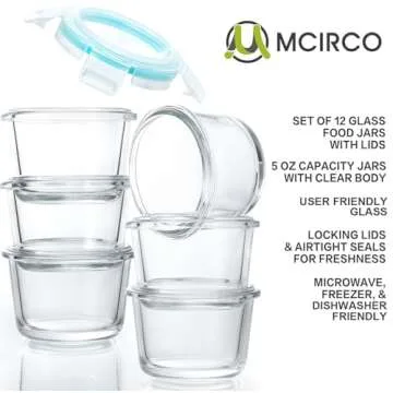 M MCIRCO [12-Pack, 5oz Mini Glass Food Storage Containers, Small Glass Jars with Locking Lids, Food containers, Airtight, Freezer, Microwave, Oven, Dishwasher Friendly