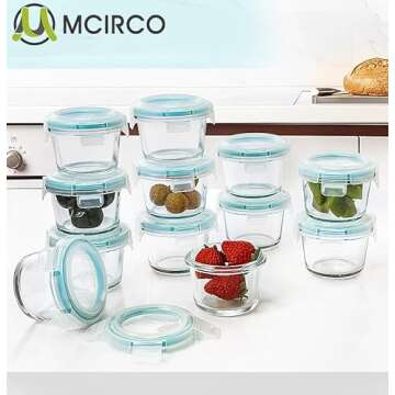 M MCIRCO [12-Pack, 5oz Mini Glass Food Storage Containers, Small Glass Jars with Locking Lids, Food containers, Airtight, Freezer, Microwave, Oven, Dishwasher Friendly