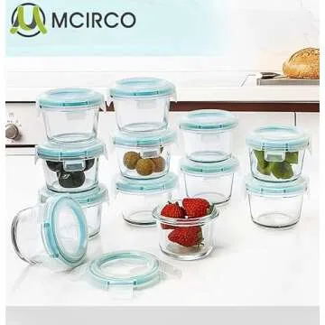 M MCIRCO [12-Pack, 5oz Mini Glass Food Storage Containers, Small Glass Jars with Locking Lids, Food containers, Airtight, Freezer, Microwave, Oven, Dishwasher Friendly
