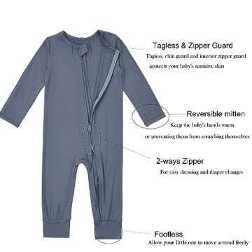 Aablexema Baby Footless Pajamas Zipper with Mitten, Rayon from Bamboo, Infant Long Sleeve Romper Pjs(Olive & Moonlight Blue,Newborn)