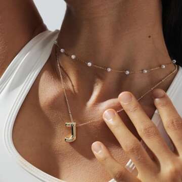 Punhem 2Pcs Bubble Letter Necklace Gold Layered Pearl Necklaces For Women