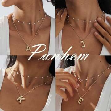 Punhem Layered Pearl Necklaces Gold Bubble Letter Necklaces