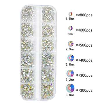 HNUIX Nail Rhinestones - 2920pcs 3D Multi Shape Size, AB Crystal Nail Gems and Charms, Flat Back, with Kit, for Nail Art, DIY Decorations