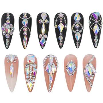 HNUIX Nail Rhinestones - 2920pcs 3D Multi Shape Size, AB Crystal Nail Gems and Charms, Flat Back, with Kit, for Nail Art, DIY Decorations