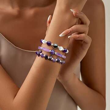Risyfjew Amethyst Bracelets for Women Natural Stone Healing Beaded Bracelet Stress Anxiety Relief Mo...