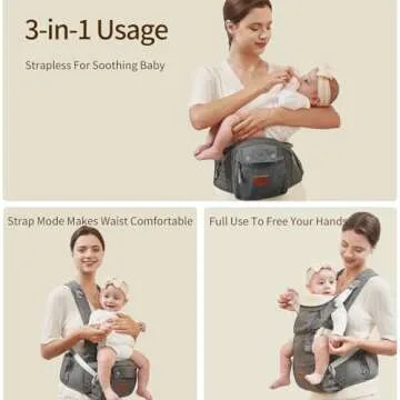 SUNVENO Baby Hipseat Ergonomic Baby Carrier Soft Cotton 6 in 1 Safety Infant Newborn Hip Seat for Home, Outdoor, Travel, 6-36 Months Babies Girls and Boys, Grey