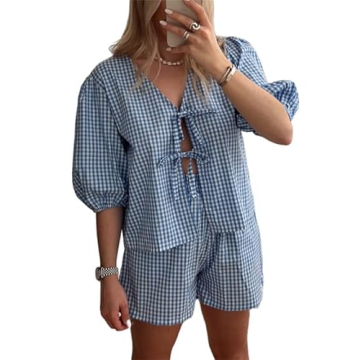 Yuemengxuan Women Y2k Two Piece Plaid Lounge Sets Puff Sleeve Tie front Blouse Top High Waist Shorts...