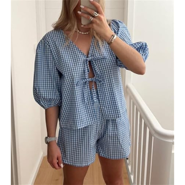Yuemengxuan Women Summer Two Piece Plaid Lounge Set