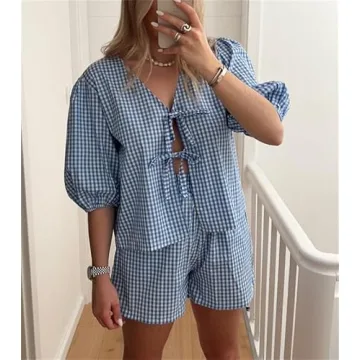 Yuemengxuan Women Summer Two Piece Plaid Lounge Set