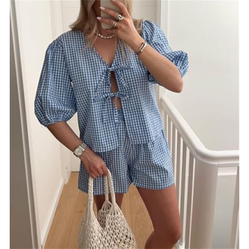 Yuemengxuan Women Summer Two Piece Plaid Lounge Set