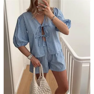 Yuemengxuan Women Summer Two Piece Plaid Lounge Set