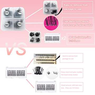 Clear Band Lashes Clusters C Curl Ninglash NF14 - 96 Pcs Individual Lash Extensions Soft Natural Lig...