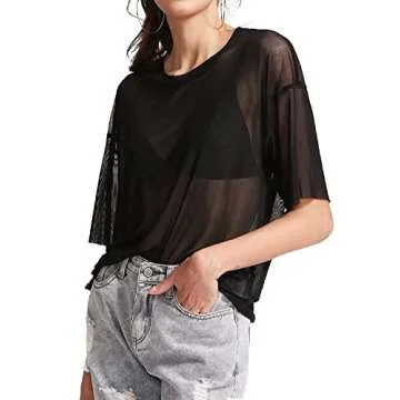 MakeMeChic Women's Summer Sheer Mesh Short Sleeve Blouse