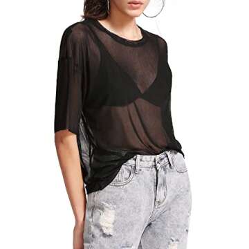 MakeMeChic Women's Summer Sheer Mesh Short Sleeve Blouse
