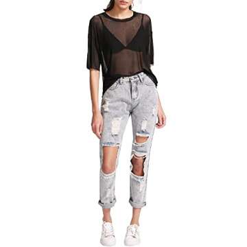 MakeMeChic Women's Summer Sheer Mesh Short Sleeve Blouse