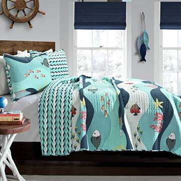 Lush Decor Sea Life Stripe 3 Piece Quilt Set | Ocean Beach Fish Bedding Set Includes Quilt and Shams...