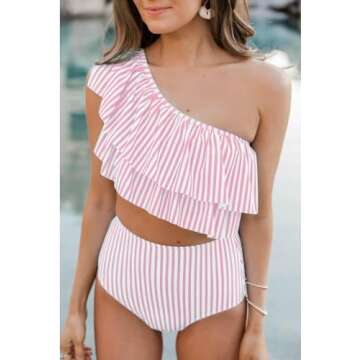 VIMPUNEC Ruffle One Shoulder Swimsuits for Women Striped High Waisted Two Piece Bathing Suits Pink Stripes