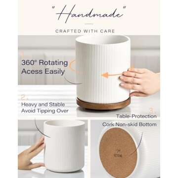 getstar Utensil Holder, 360° Rotating Large Kitchen Utensil Holder, Ceramic Cooking Utensil Holder for Kitchen Counter with Rotatable and Detachable Wooden Base