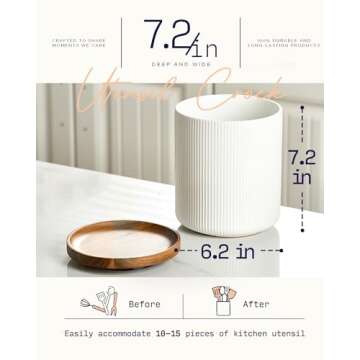 getstar Utensil Holder, 360° Rotating Large Kitchen Utensil Holder, Ceramic Cooking Utensil Holder for Kitchen Counter with Rotatable and Detachable Wooden Base