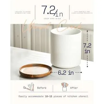 getstar Utensil Holder, 360° Rotating Large Kitchen Utensil Holder, Ceramic Cooking Utensil Holder for Kitchen Counter with Rotatable and Detachable Wooden Base