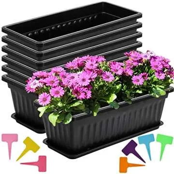 Fasmov 7 Pack 17 Inches Flower Window Box Plastic Vegetable Planters with Trays Vegetables Growing Container Garden Flower Plant Pot with 7 Pcs Plant Labels for Balcony, Patio, Garden, Black