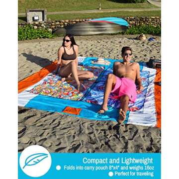 ECCOSOPHY Sandproof Beach Blanket - Oversized Sand Free Beach Mat 9'x10' - Lightweight Outdoor Picnic Blanket Anchored with 4 Corner Sand Pockets & Plastic Stakes - Heat Proof, Quick Drying & Compact