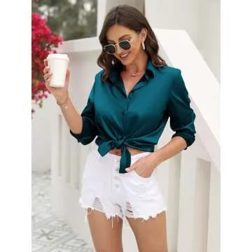 Womens Soft Satin Silk Button Down Shirts for Women Silky Long Sleeve Work Shirt Dress Blouses Tops Blue Green Size M
