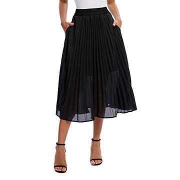 Urban CoCo Women's A Line Elastic Wasit Chiffon Midi Skirt Flare Pleated Skirts with Pockets (Black,...