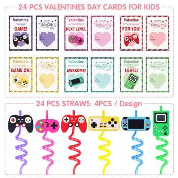 24 Pack Straws Kids Valentines Day Cards, Valentines Day Gifts for Kids Classroom School Valentine B...