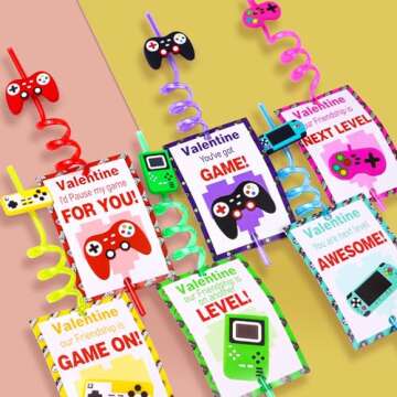 24 Pack Straws Kids Valentines Day Cards, Valentines Day Gifts for Kids Classroom School Valentine Bulk Party Favors for Kids Boys Girls Gift Exchange Toddler Valentines Treats Goodie Bag Stuffers