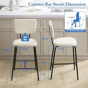 Modern White Boucle Barstools Set of 2 for Kitchen