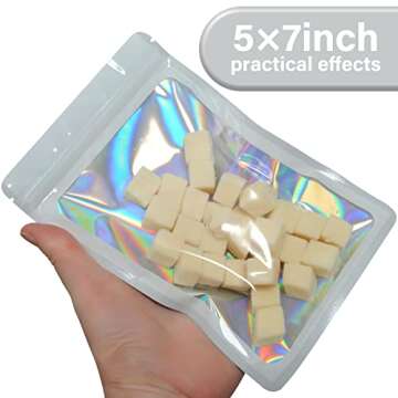 EONJOE 100-pack 5×7 inch mylar bags with clear window holographic resealable sealable packaging zip bag for small bussiness jewelry candy sample food packing supplies （white）