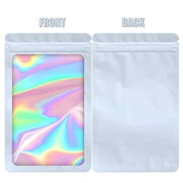 EONJOE 100-pack 5×7 inch mylar bags with clear window holographic resealable sealable packaging zip bag for small bussiness jewelry candy sample food packing supplies （white）