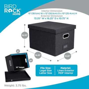 Internet's Best Collapsible File Storage Organizer with Lid - Decorative Linen Filing & Storage Office Box – Hanging Letter/Legal Folder – Home Office Bins Cabinet – Charcoal Container - 1 Pack